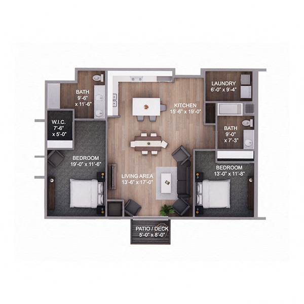 Floor plan for 2 beds, 2 baths, 1241 sqft